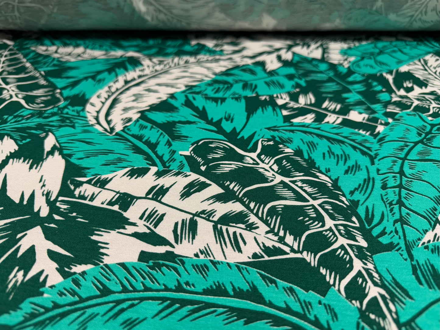 Viscose spandex stretch jersey fabric, per metre - palm leaves print - jade green