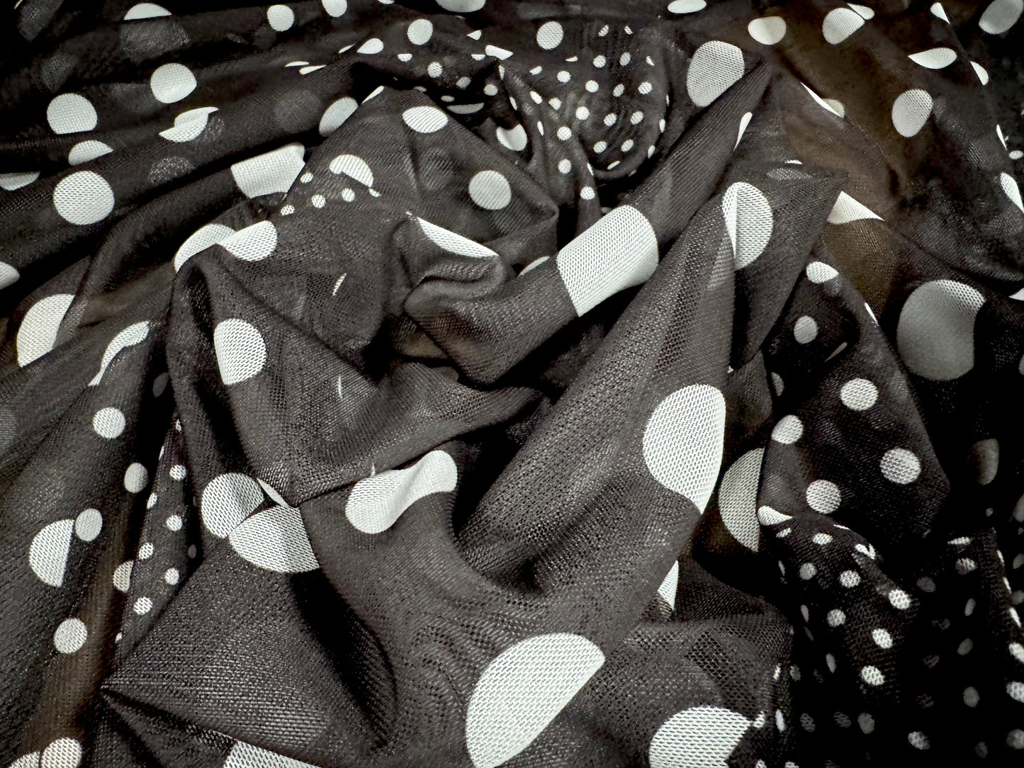 Power mesh net stretch spandex fabric, per metre - polka dot patchwork print - black & white