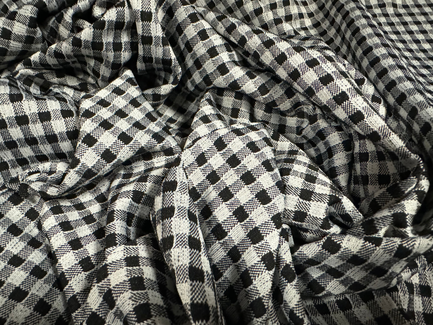 Stretch spandex double jersey fabric, per metre - gingham check jacquard - black & grey