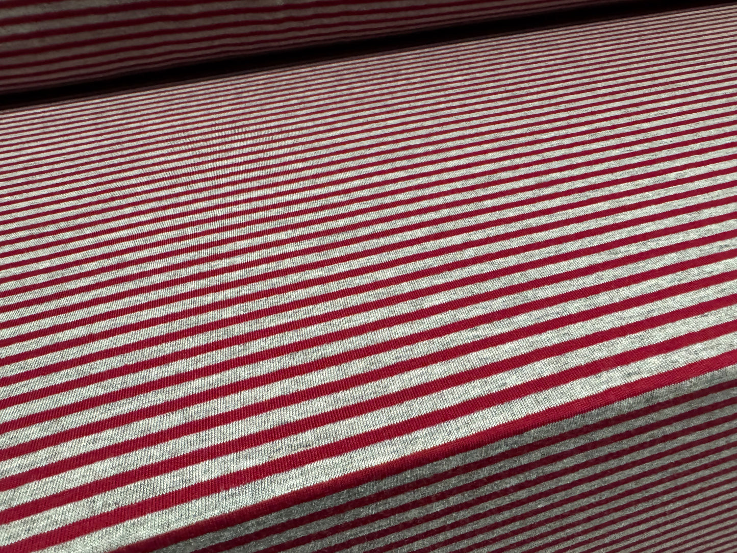 Viscose spandex stretch single jersey fabric, per metre - stripe - wine & grey marl