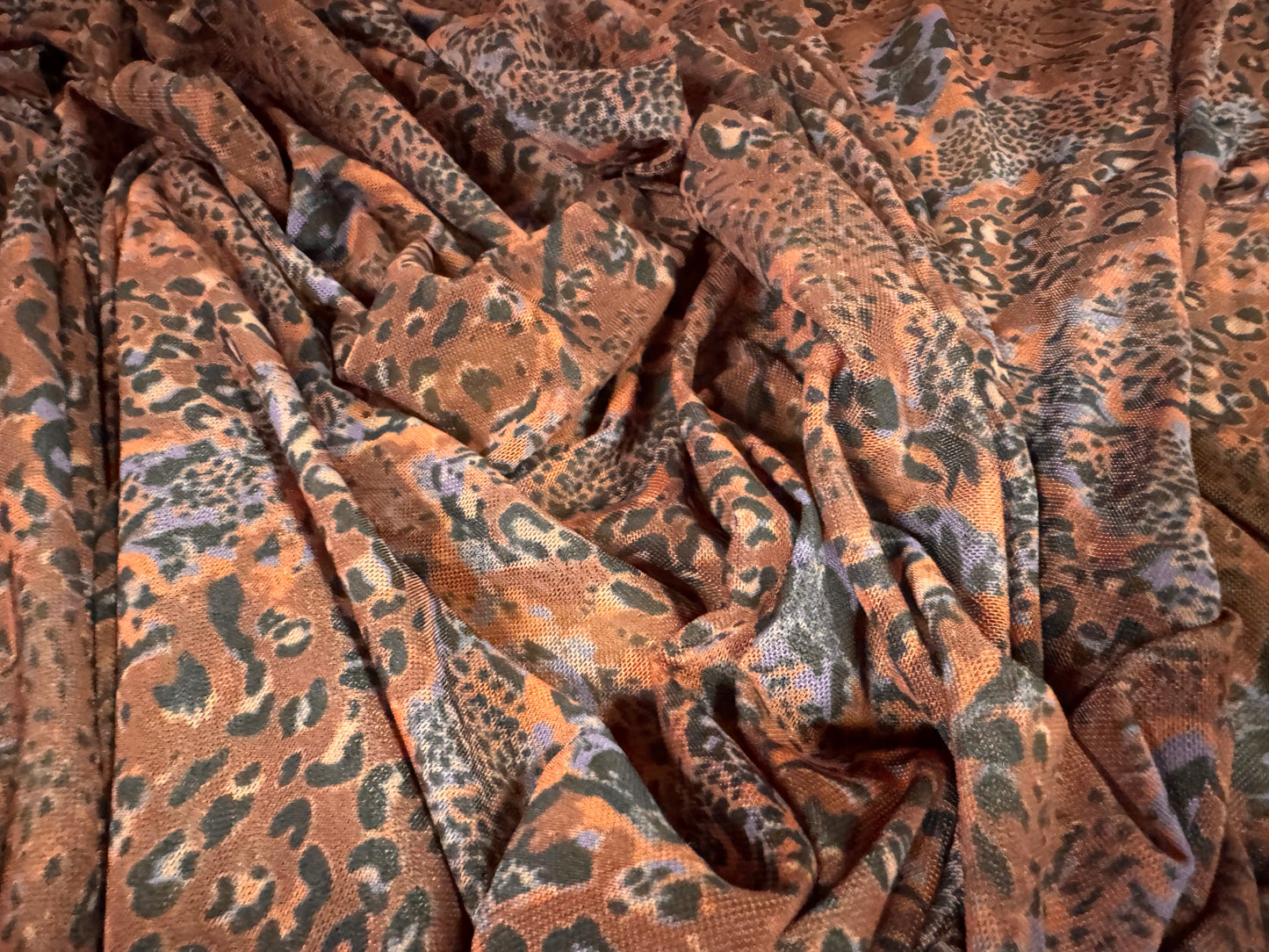 Power mesh net stretch spandex fabric, per metre - stylised leopard print - terracotta & lilac