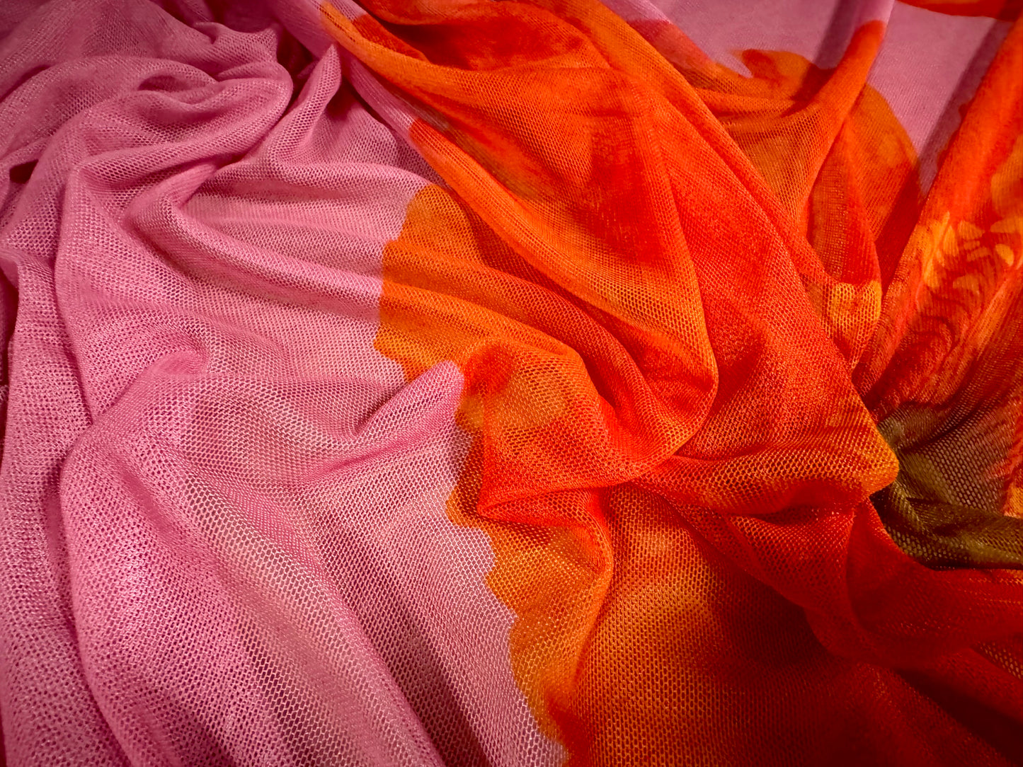 Power mesh net stretch spandex fabric, per metre - jumbo flower print - pink & orange