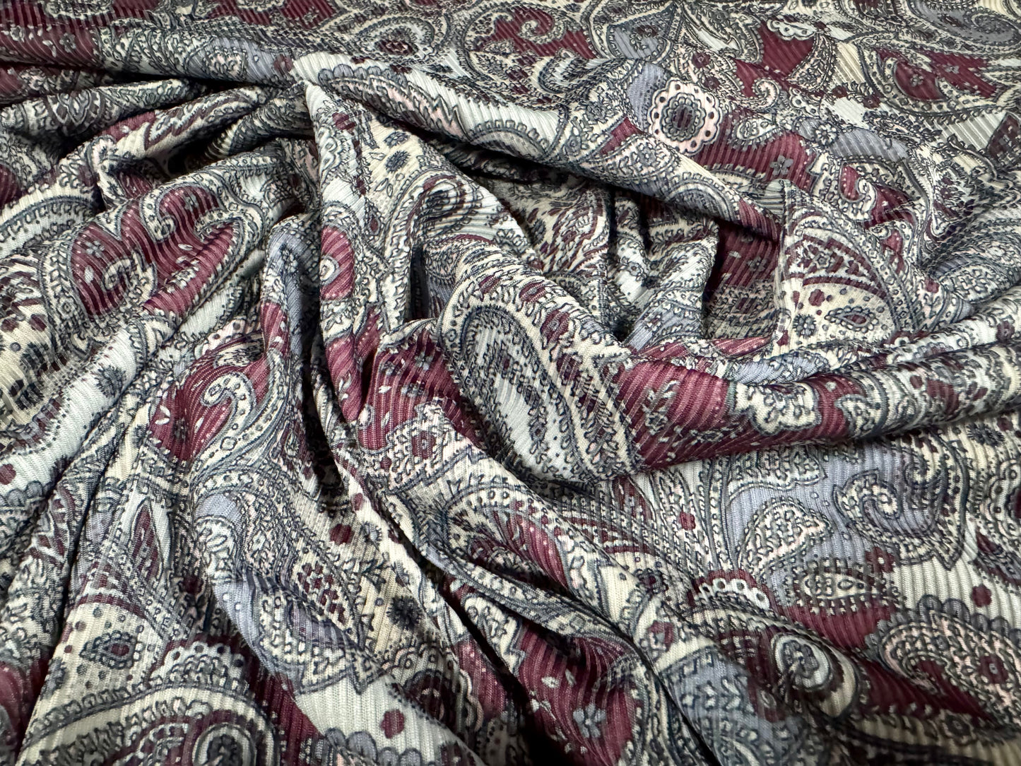 Stretch spandex fine ribbed jersey fabric, per metre - paisley print - powder blue & aubergine