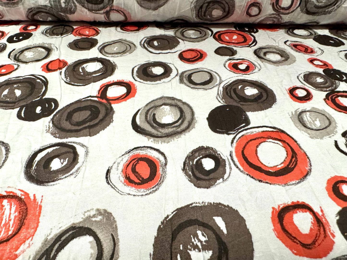 Woven crush dress fabric, per metre - artistic circles print - ivory grey & orange