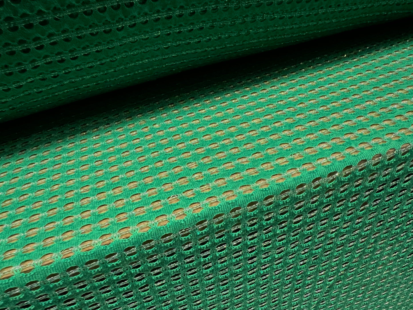 Metallic crochet knitwear jersey fabric, per metre - emerald green & silver