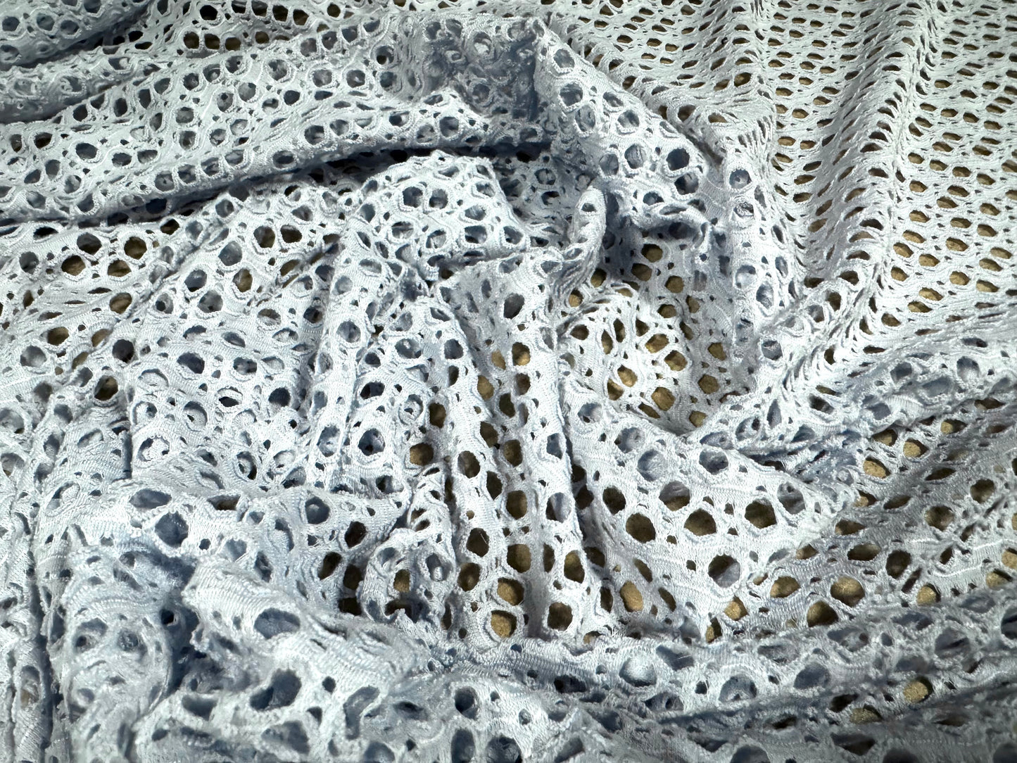 Crochet knit jersey fabric, per metre - sky blue