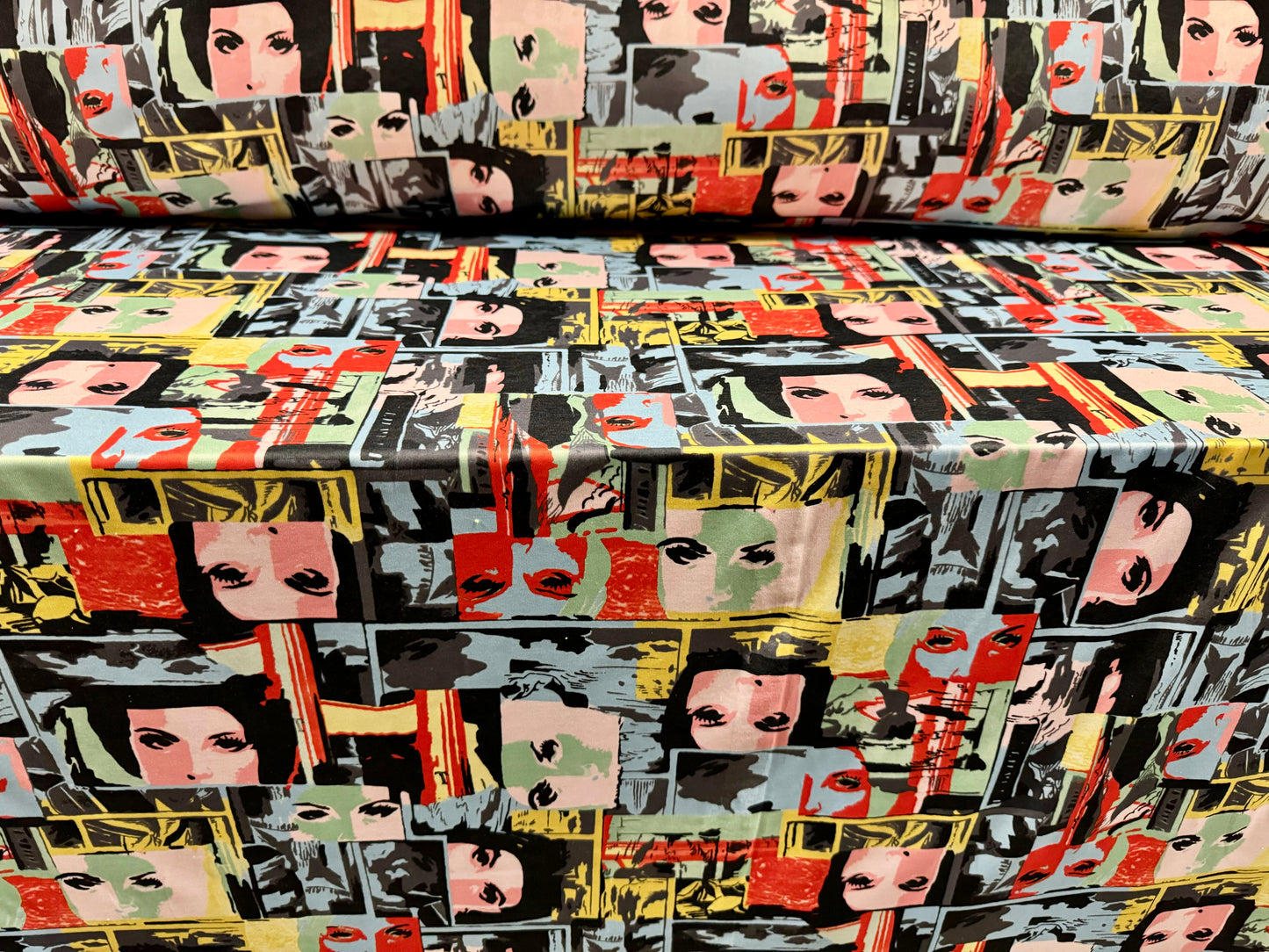 Stretch spandex single jersey fashion fabric, per metre - portraits of women print - multicolour