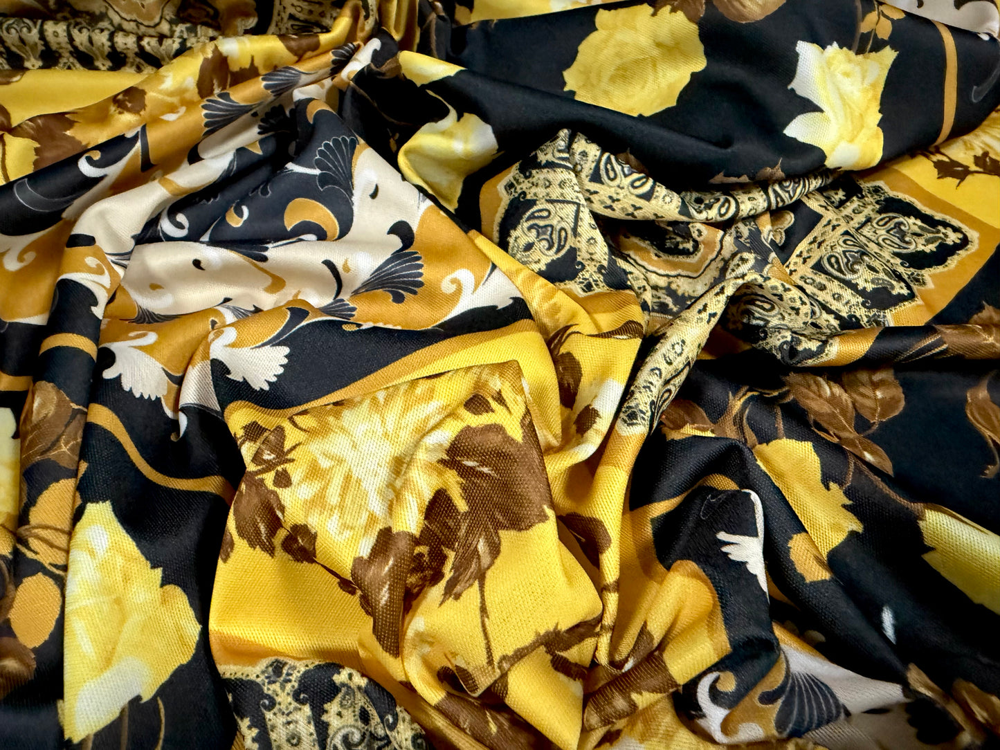 Single jersey fashion fabric, per metre - paisley floral collage print - gold & black