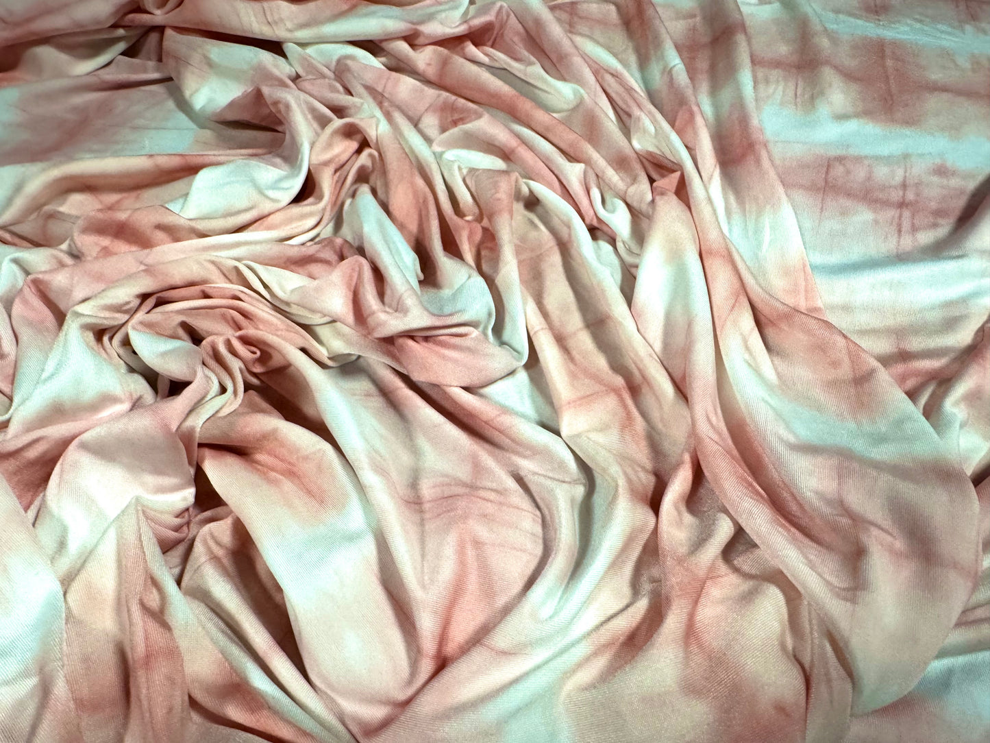 Soft touch Spandex stretch jersey fabric, per metre - pulse tie dye print - pink & ivory
