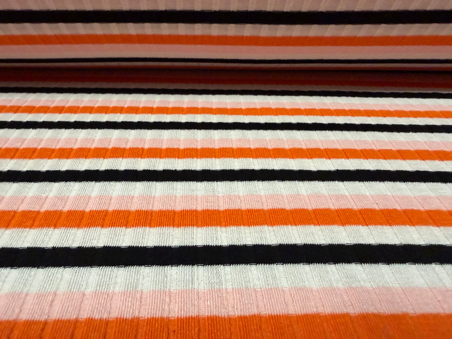 Stretch Spandex rib jersey fabric, per metre - orange pink & ivory