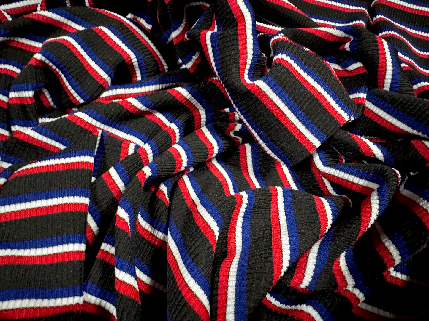 Stretch spandex rib jersey fabric, per metre - stripe - black red white & blue