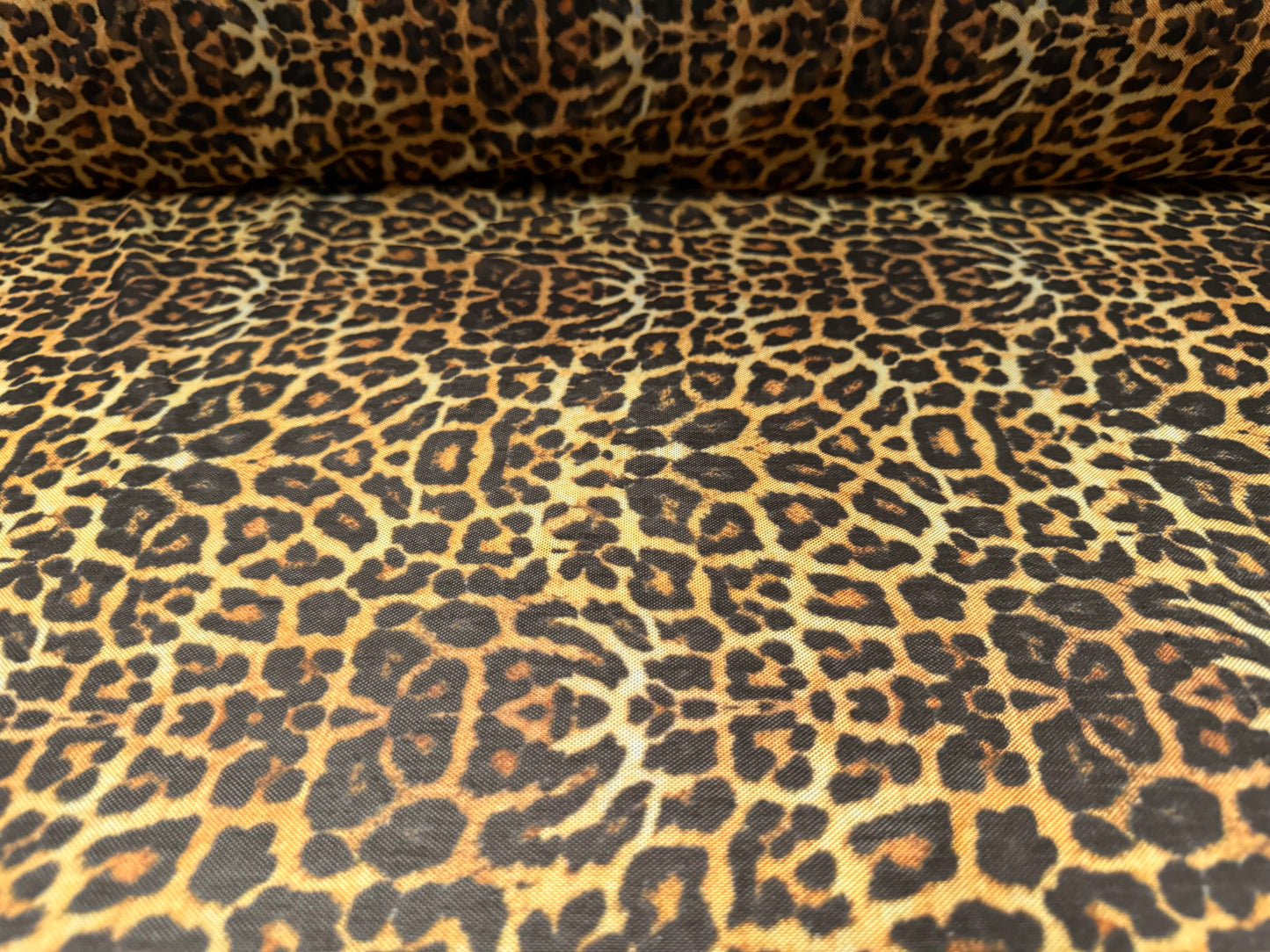 Power mesh net stretch spandex fabric, per metre - leopard animal print - gold & brown