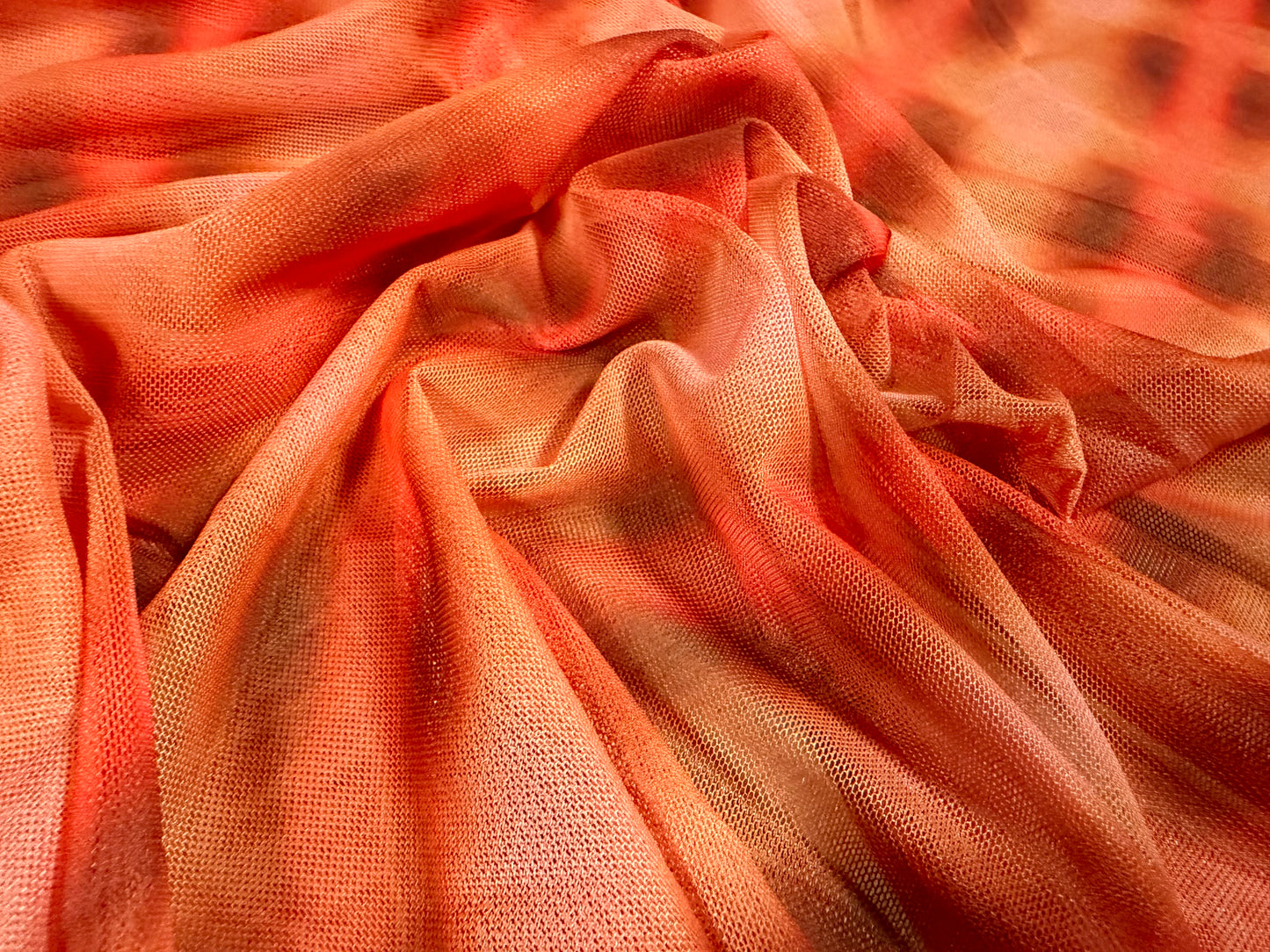 Power mesh net stretch spandex fabric, per metre - airbrushed abstract print - orange & peach