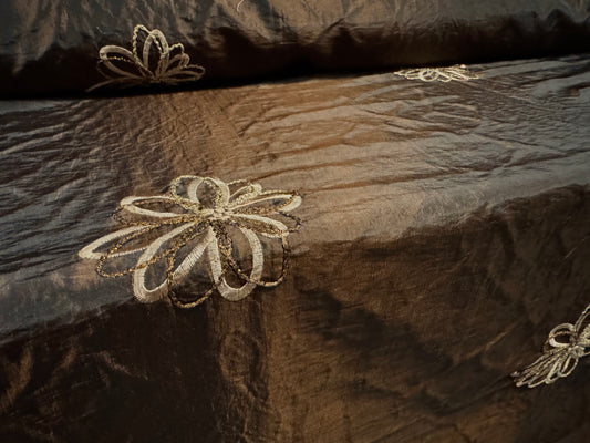 Taffeta faux silk fabric, per metre - metallic embroidered flowers - dark brown & gold