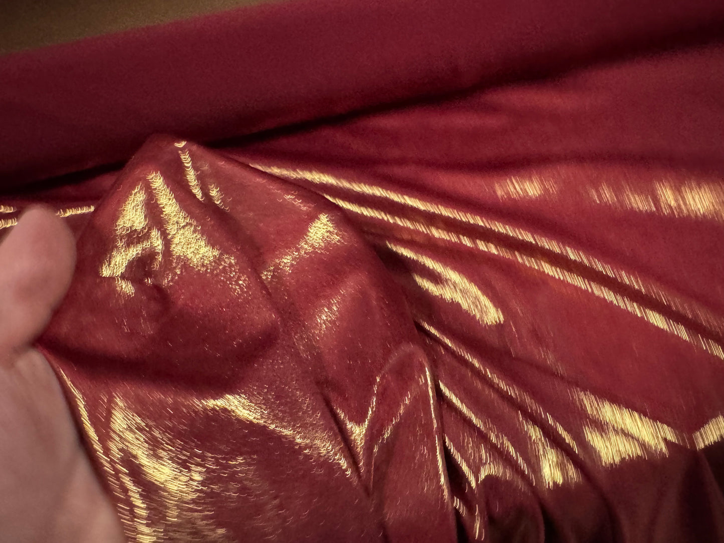 Metallic stretch spandex single jersey fabric, per metre - garnet & gold