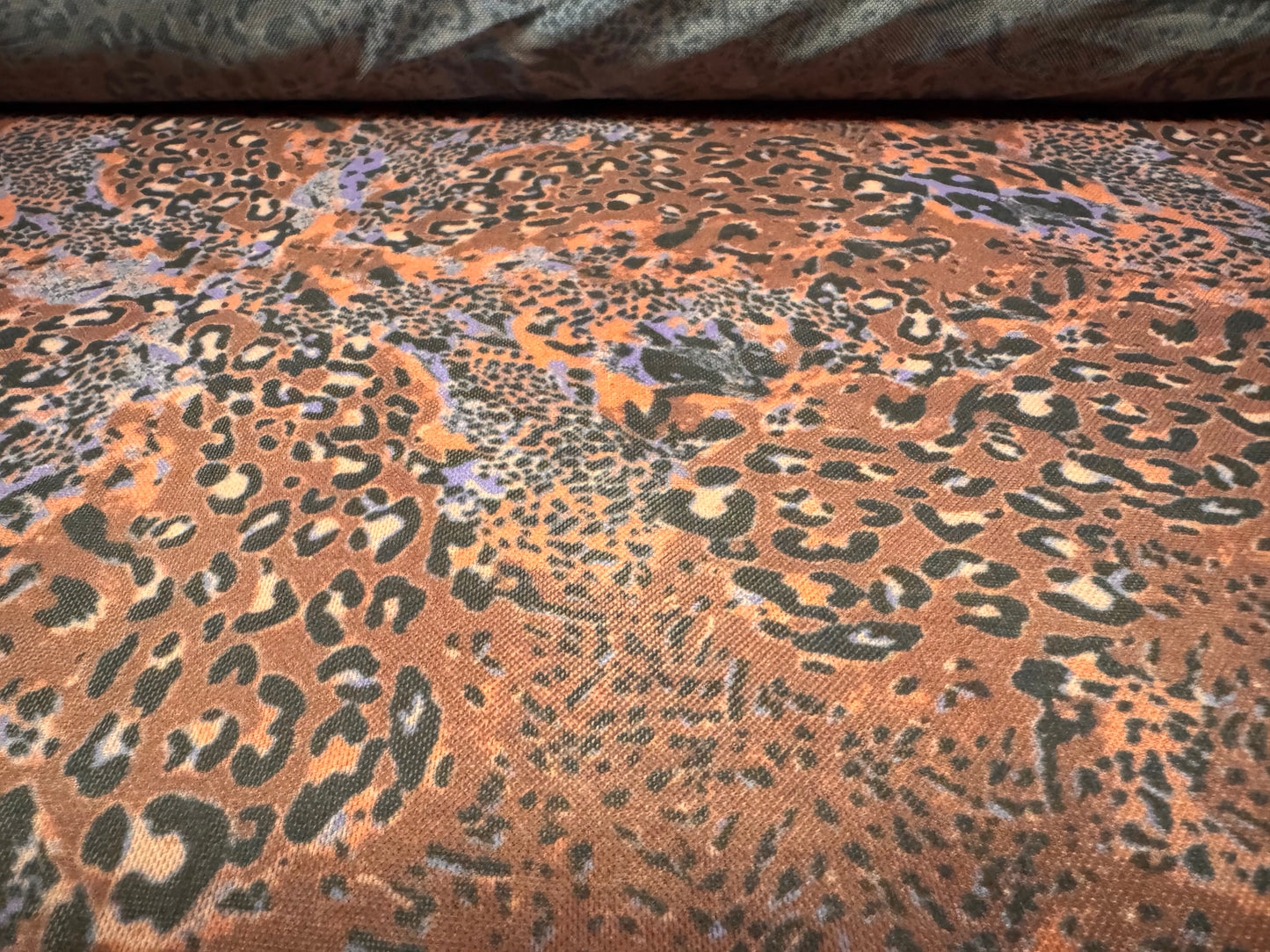Power mesh net stretch spandex fabric, per metre - stylised leopard print - terracotta & lilac