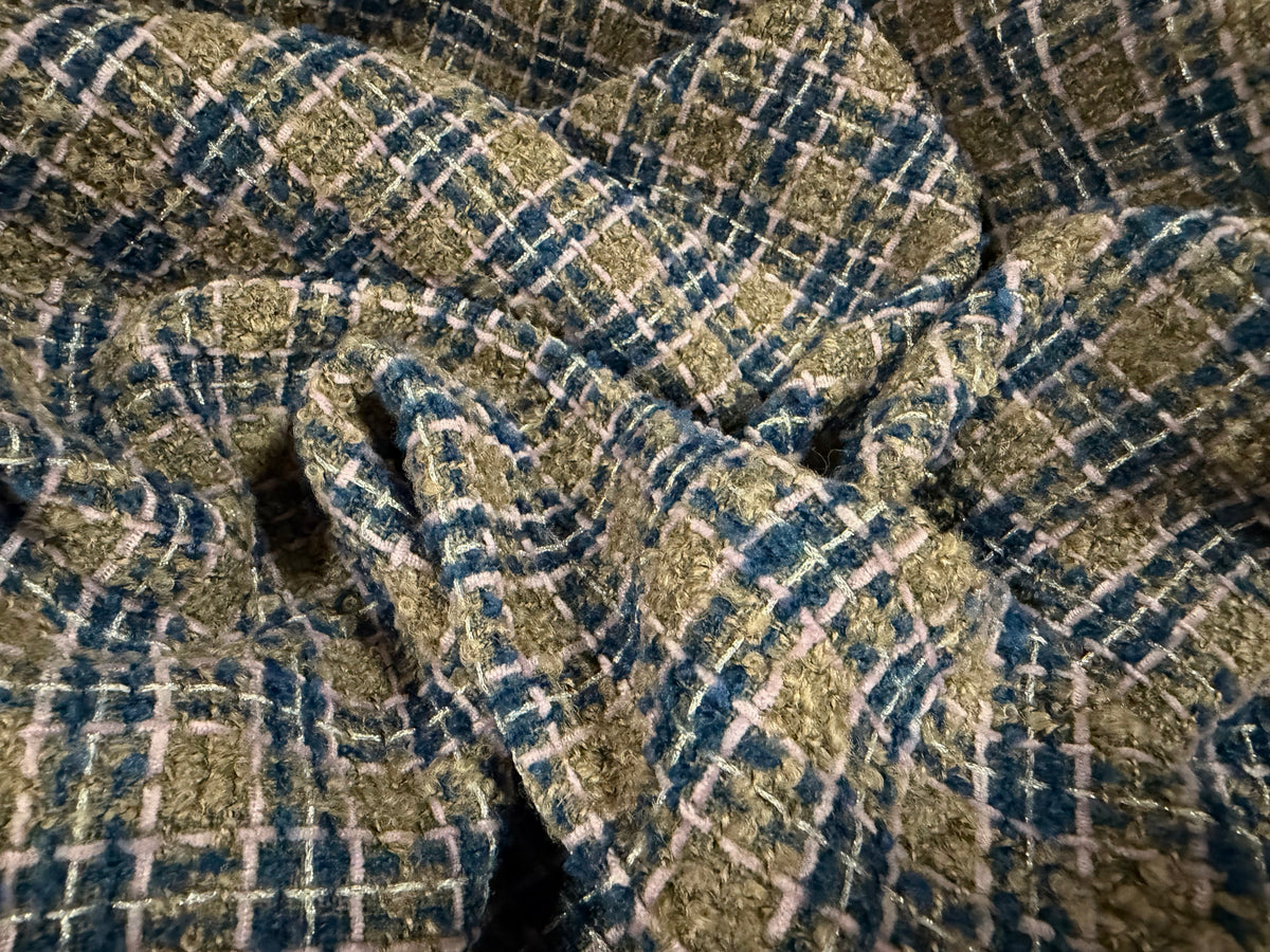 Metallic wool bouclé fabric, per metre - check - taupe pink & blue