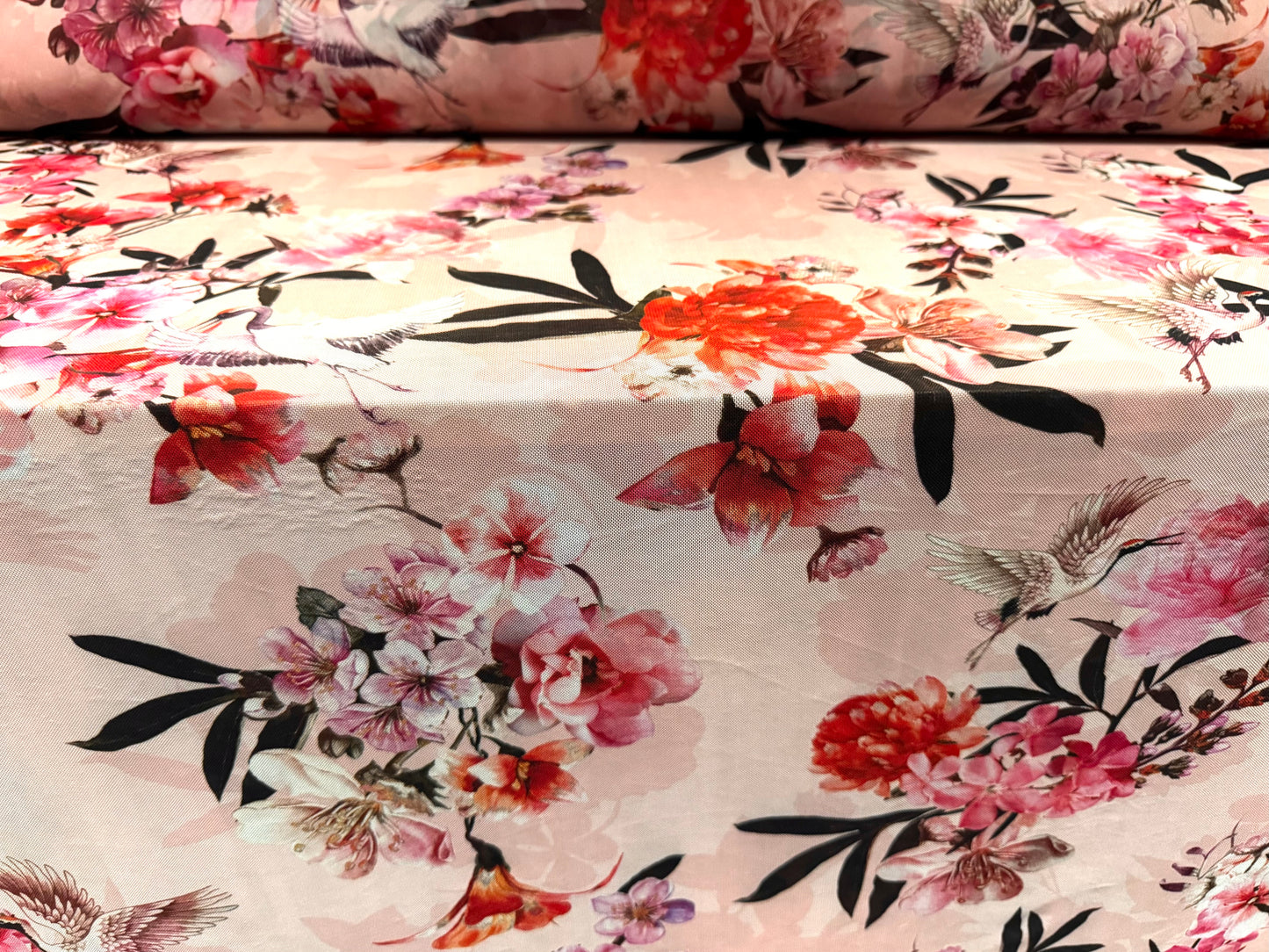 Power mesh net stretch spandex fabric, per metre - birds & blossom print - pink
