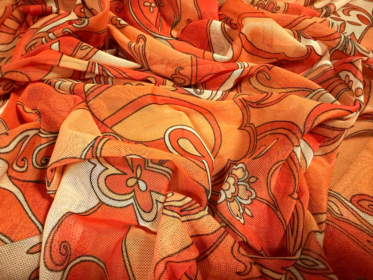 Power mesh net stretch spandex fabric, per metre - hippy swirl print - orange & beige