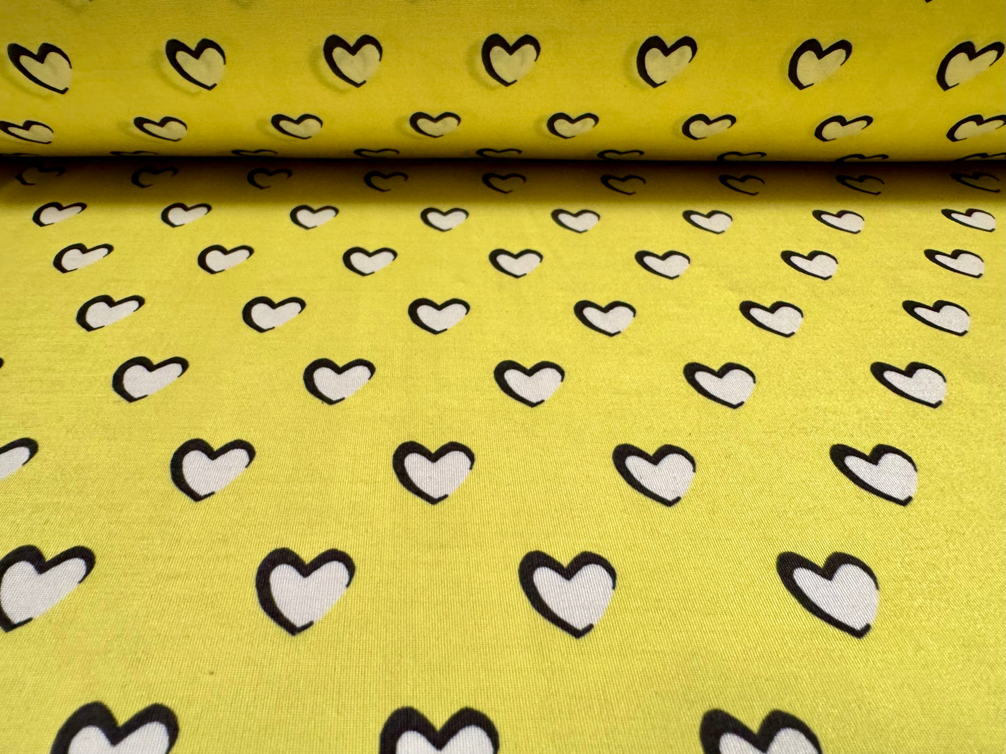 Soft touch stretch spandex single jersey fabric, per metre - love heart print - yellow