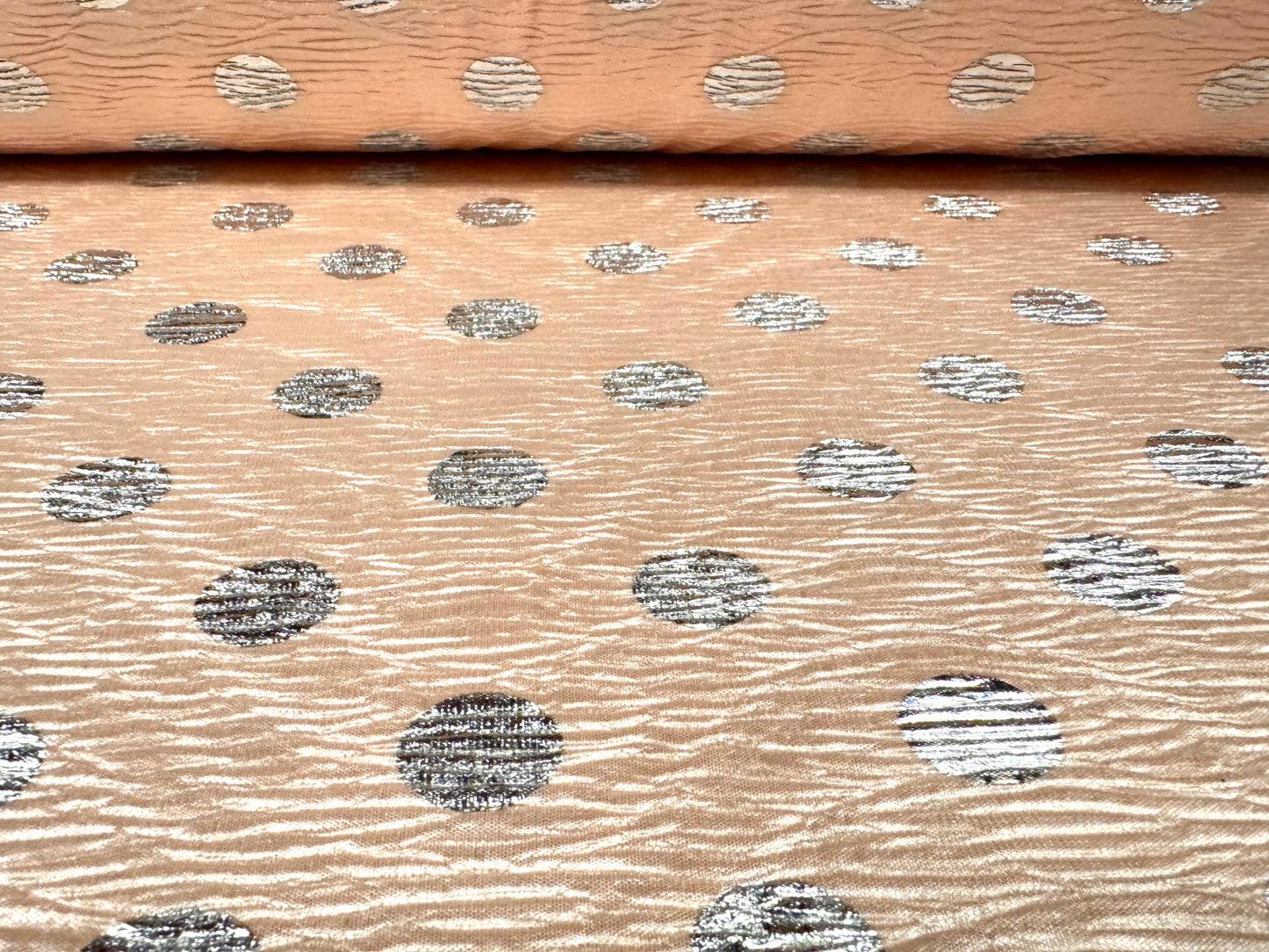 Bodre satin jersey fabric, per metre - metallic polka dot print - pink & silver