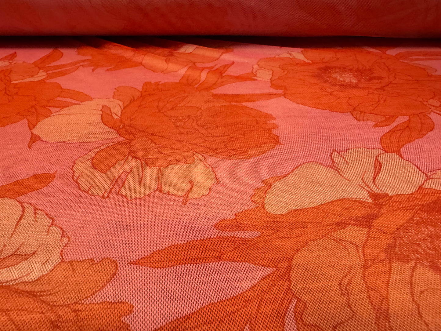 Power mesh net stretch spandex fabric, per metre - wild rose floral print - pink & coral
