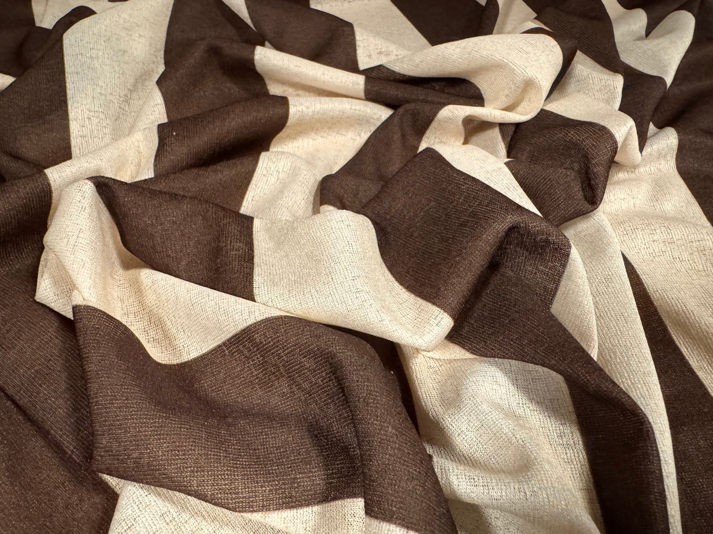 Thick & thin stretch spandex single jersey fashion fabric, per metre - stripe print - brown & cream