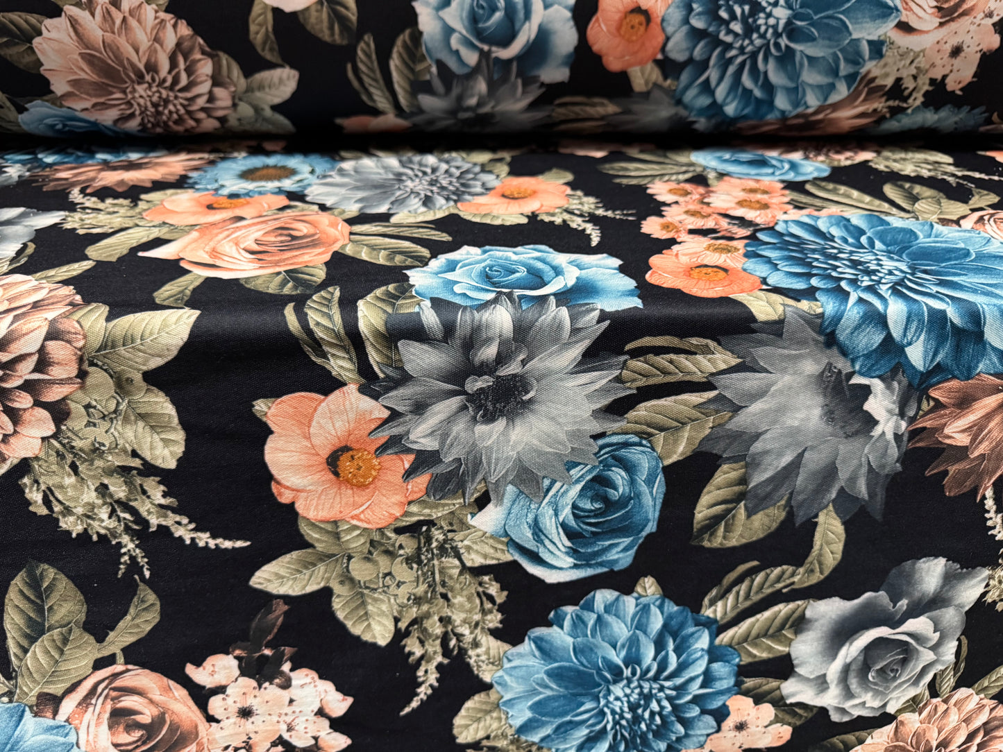 Piqué double jersey fabric, per metre - roses and carnations - black turquoise & pink