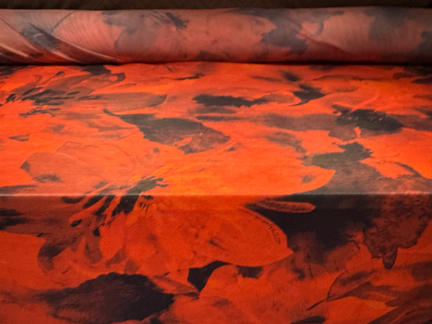 Power mesh net stretch spandex fabric, per metre - orchid floral print - burnt orange