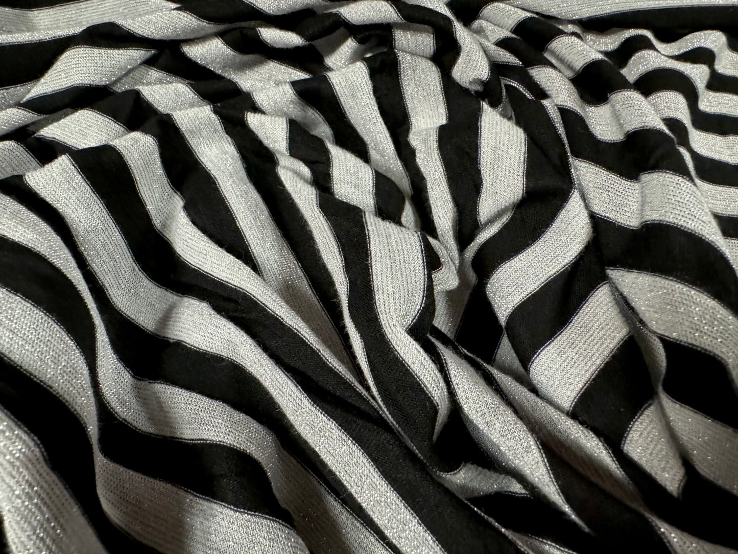 Metallic stretch single jersey fashion fabric, per metre - striped - black with silver lurex
