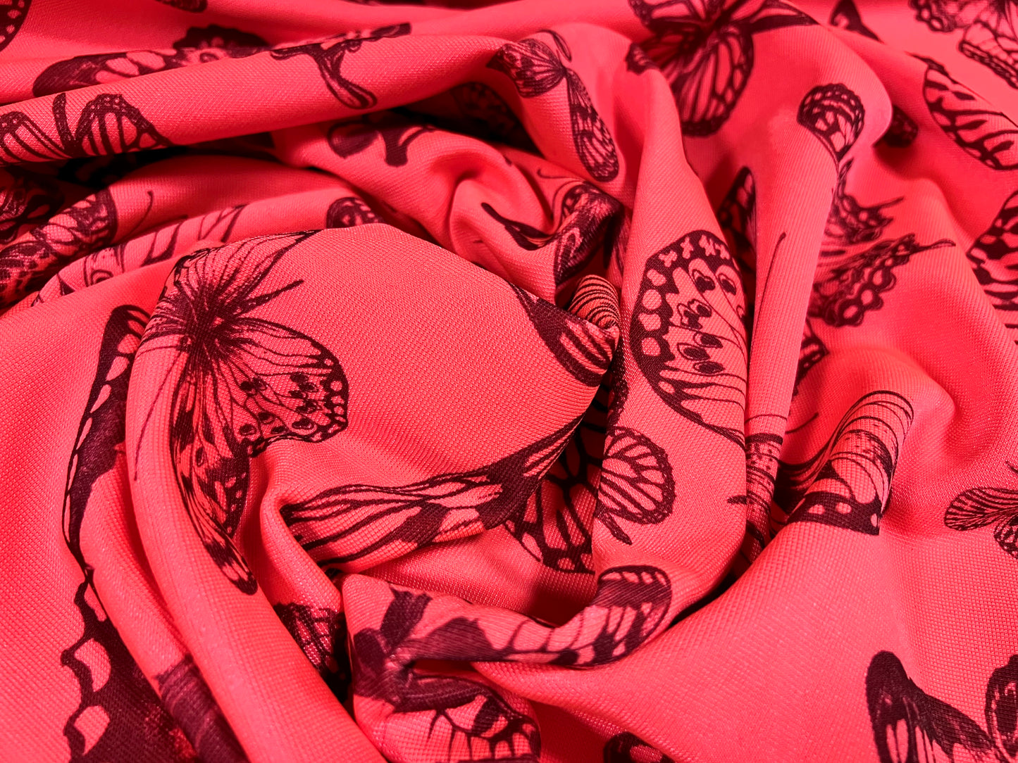 Double jersey stretch spandex dress fabric, per metre - butterflies print - fluorescent pinjk