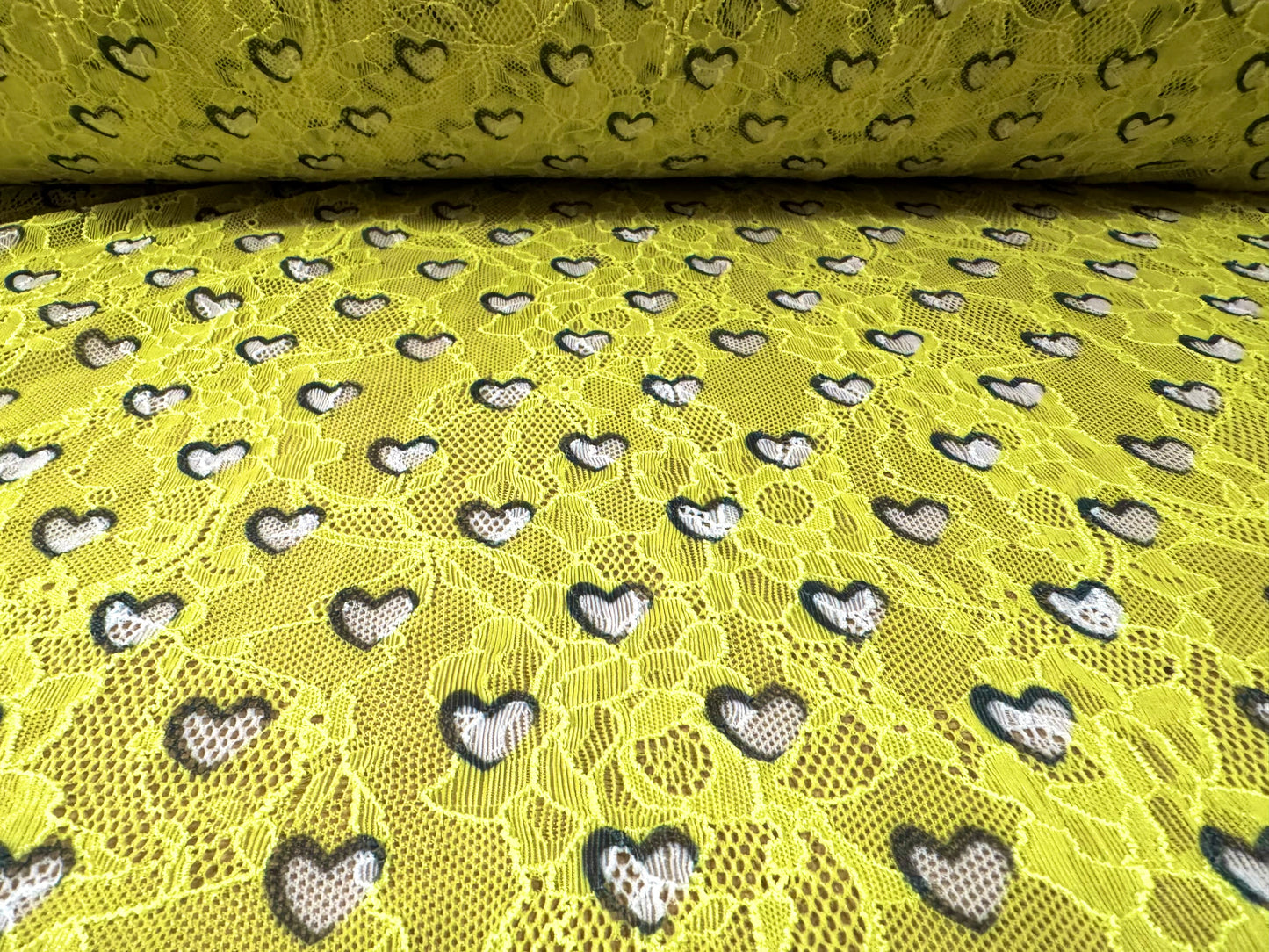 Stretch spandex lace fabric, per metre - love hearts print - lemon