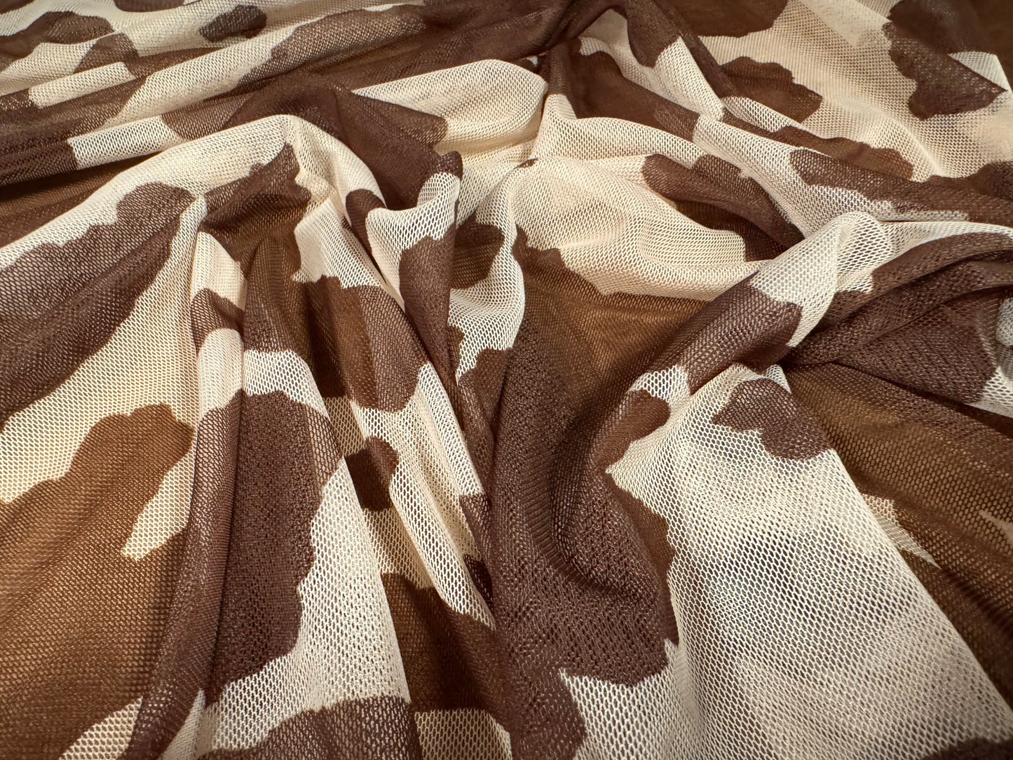 Power mesh net stretch spandex fabric, per metre - cow hide print - brown & beige