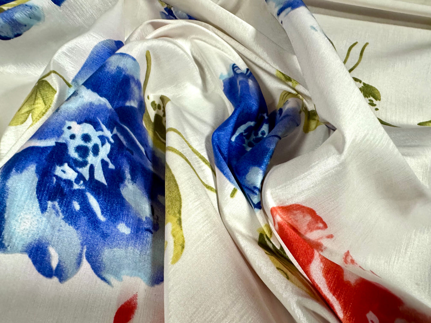 Stretch taffeta faux silk fabric - floral print - red white & blue