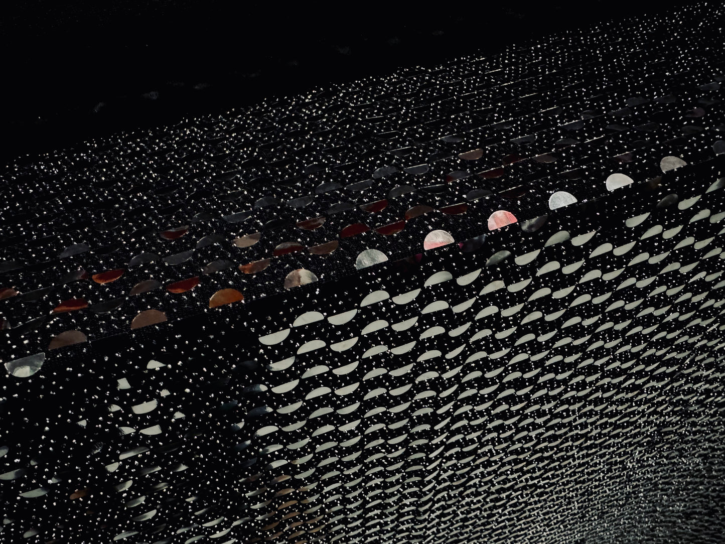 Metallic slinky stretch spandex jersey fabric, per metre - half moon sequin - black & silver