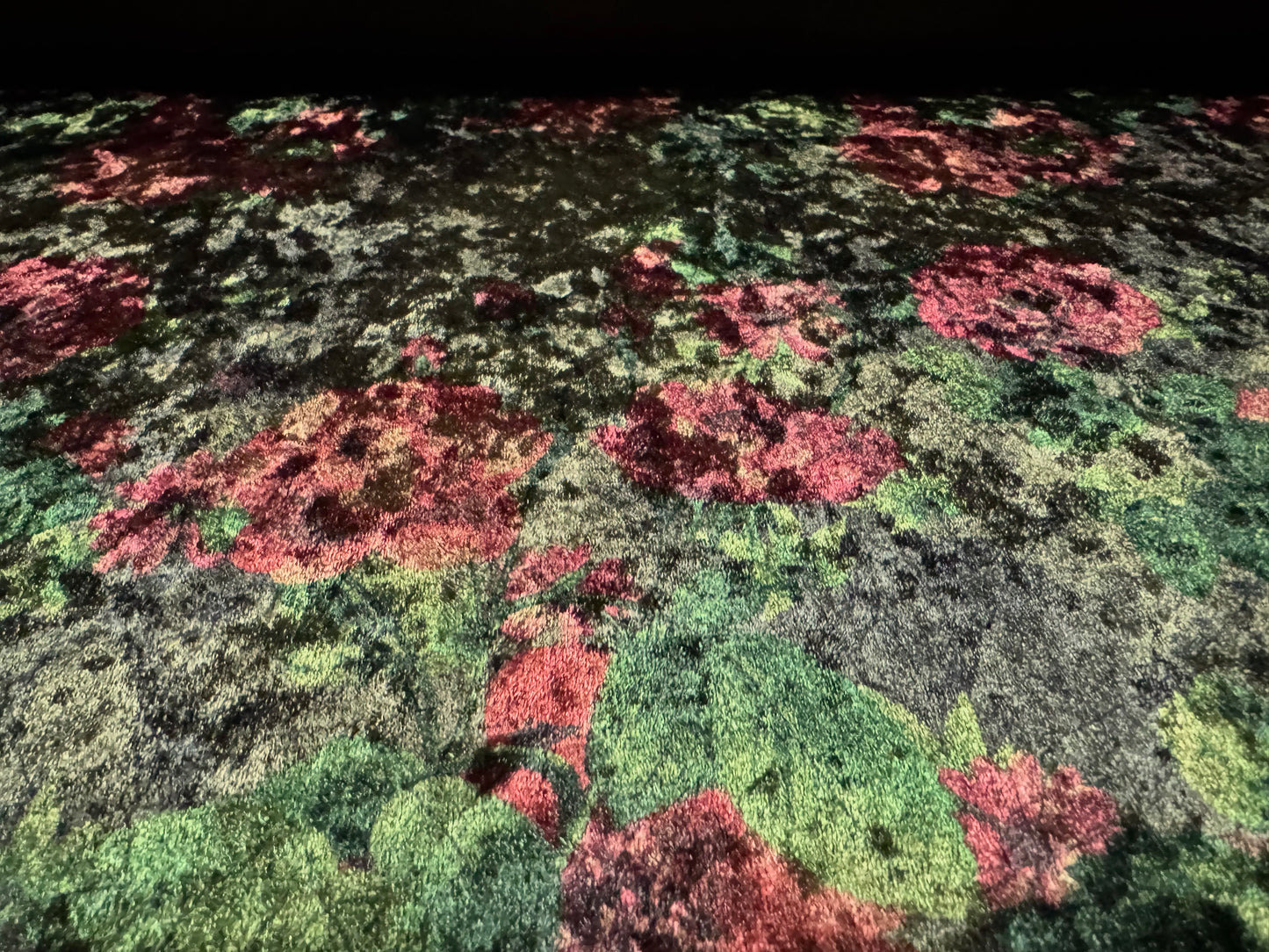 Soft panné velour fabric, per metre - floral rose print - olive green & wine
