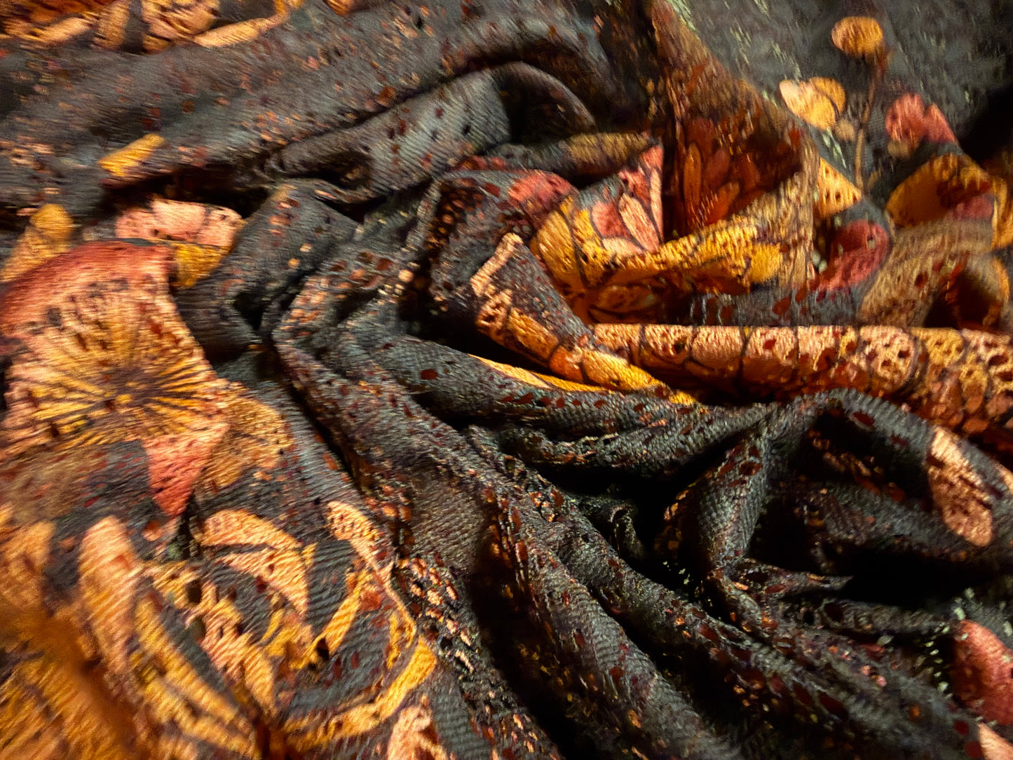 Soft handle crochet lace knit fabric, per metre - Asian Chrysanthemum print - ebony & peach