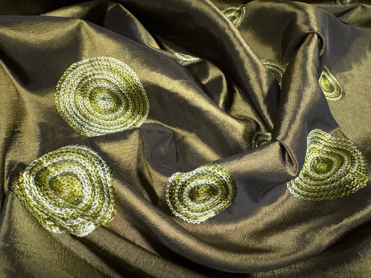 Taffeta faux silk fabric, per metre - embroidered concentric circles - olive green
