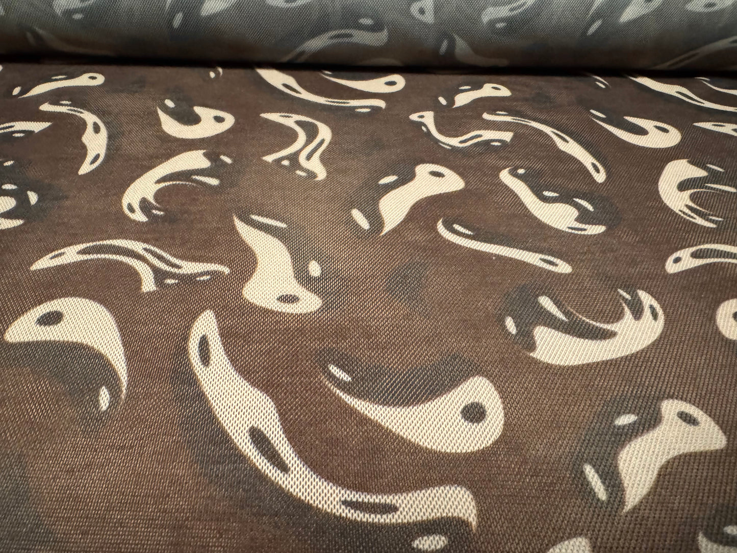 Power mesh net stretch spandex fabric, per metre - Yin & Yang print - brown