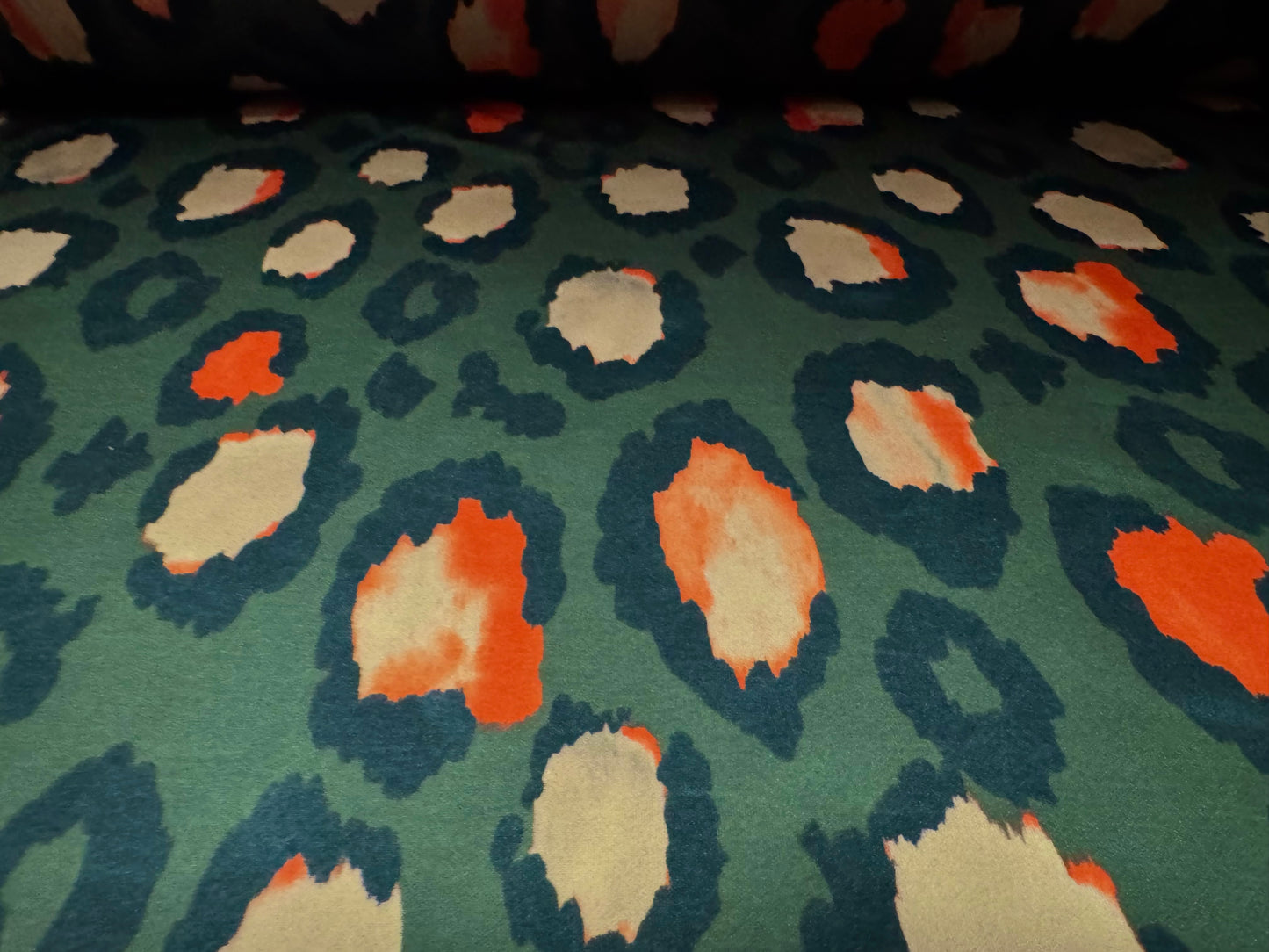 Scuba stretch spandex double jersey dress fabric, per metre - jumbo animal print - olive green beige & orange