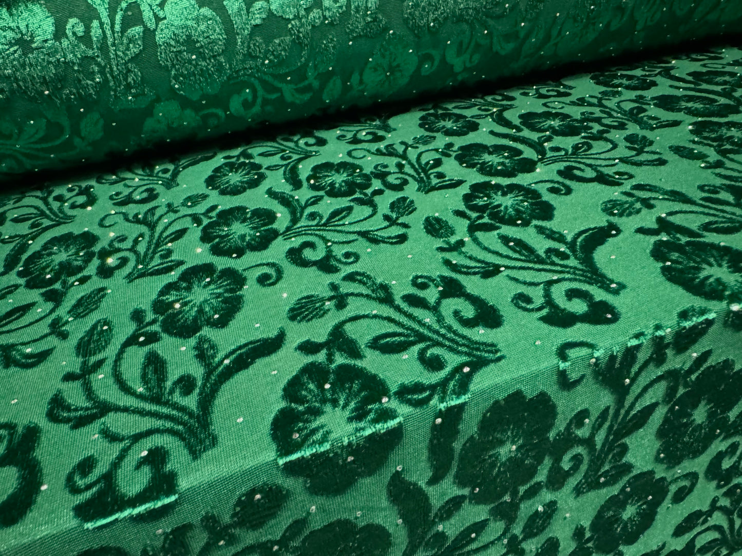 Devoré velour fabric with diamanté sparkle, per metre - floral - green