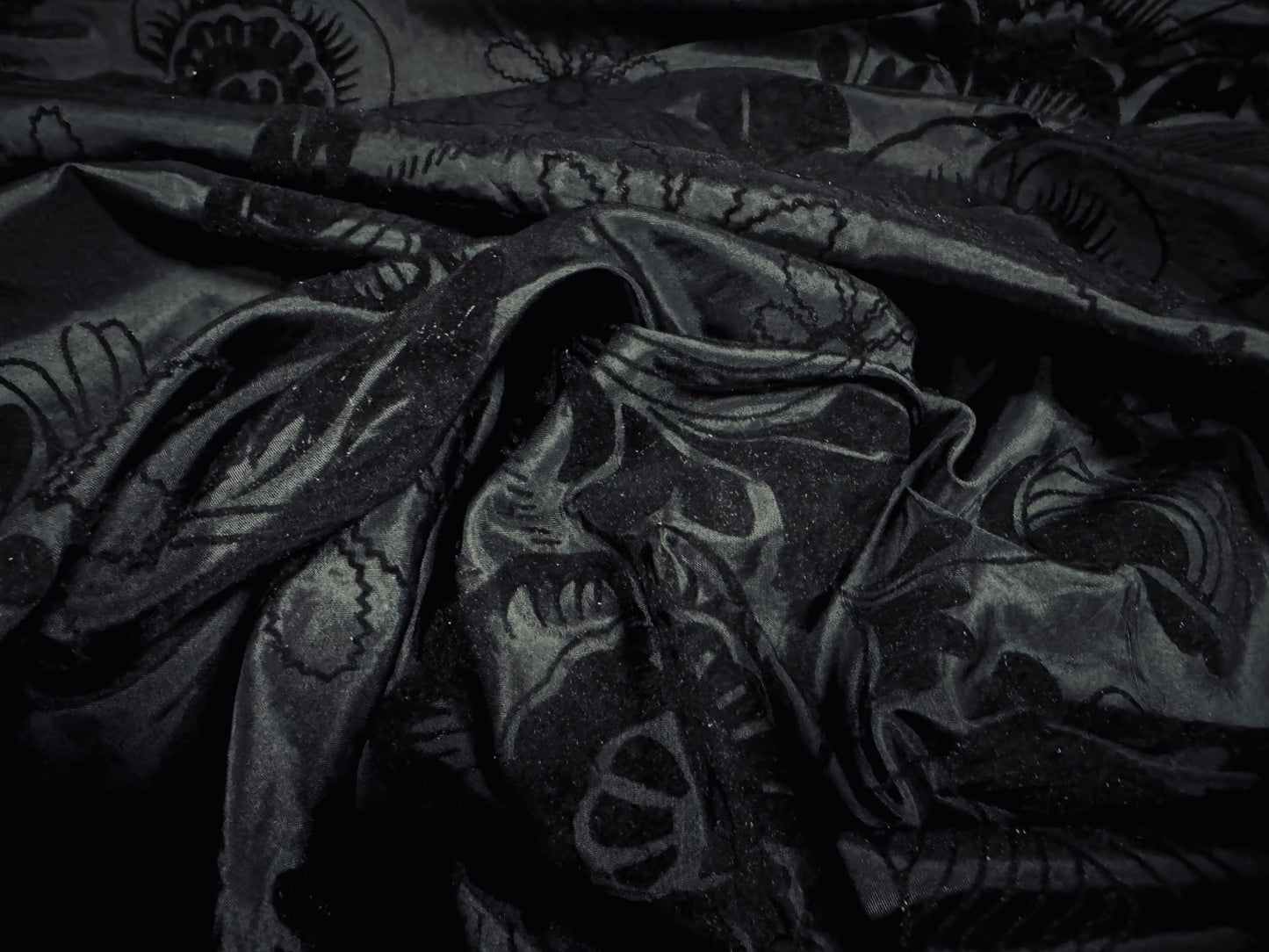 Taffeta faux silk fabric - flocked floral print with border design - black