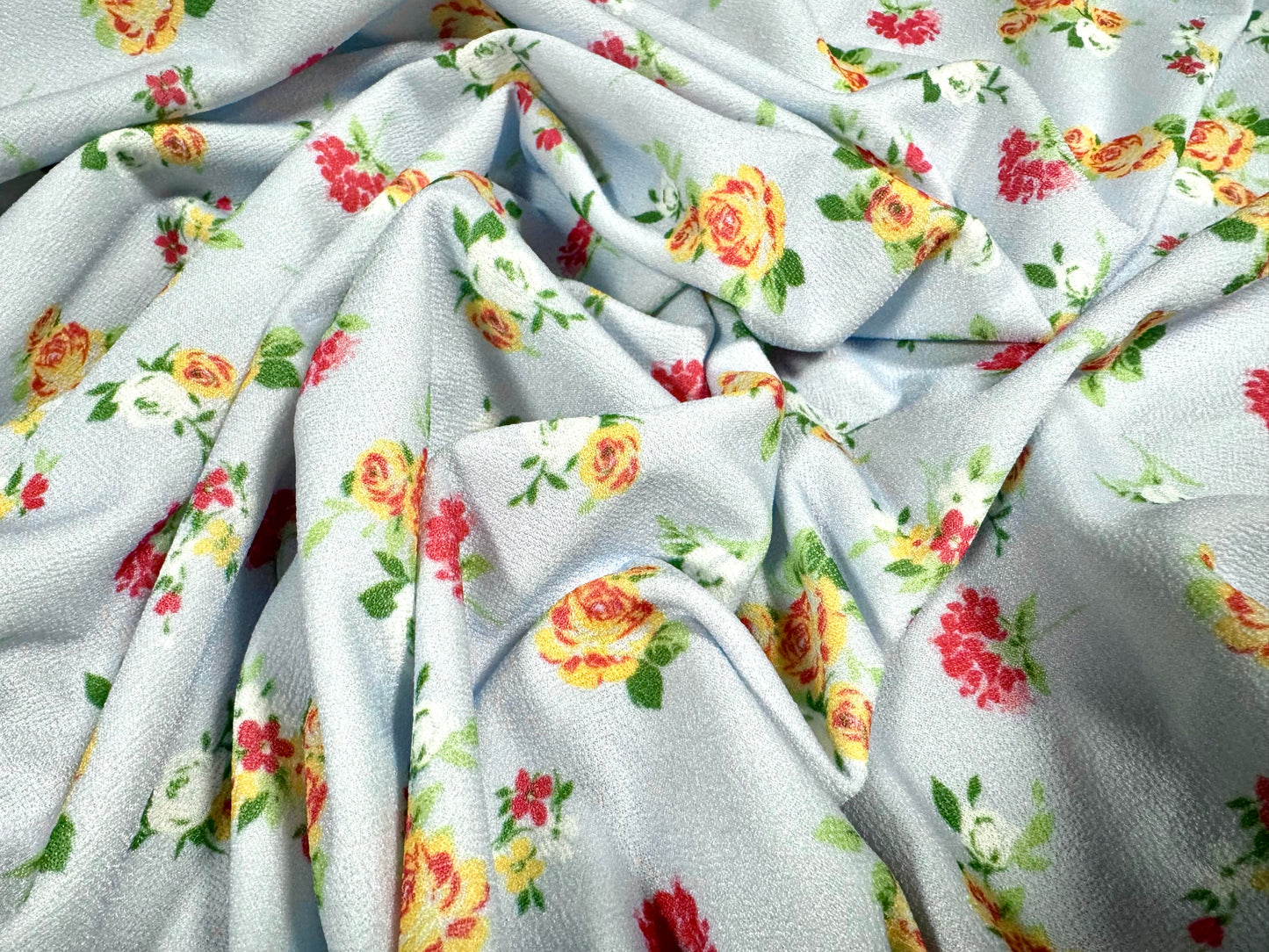 Valentino crepe spandex jersey fabric - similar to scuba - per metre - ditsy flowers print - Sky blue & Orange
