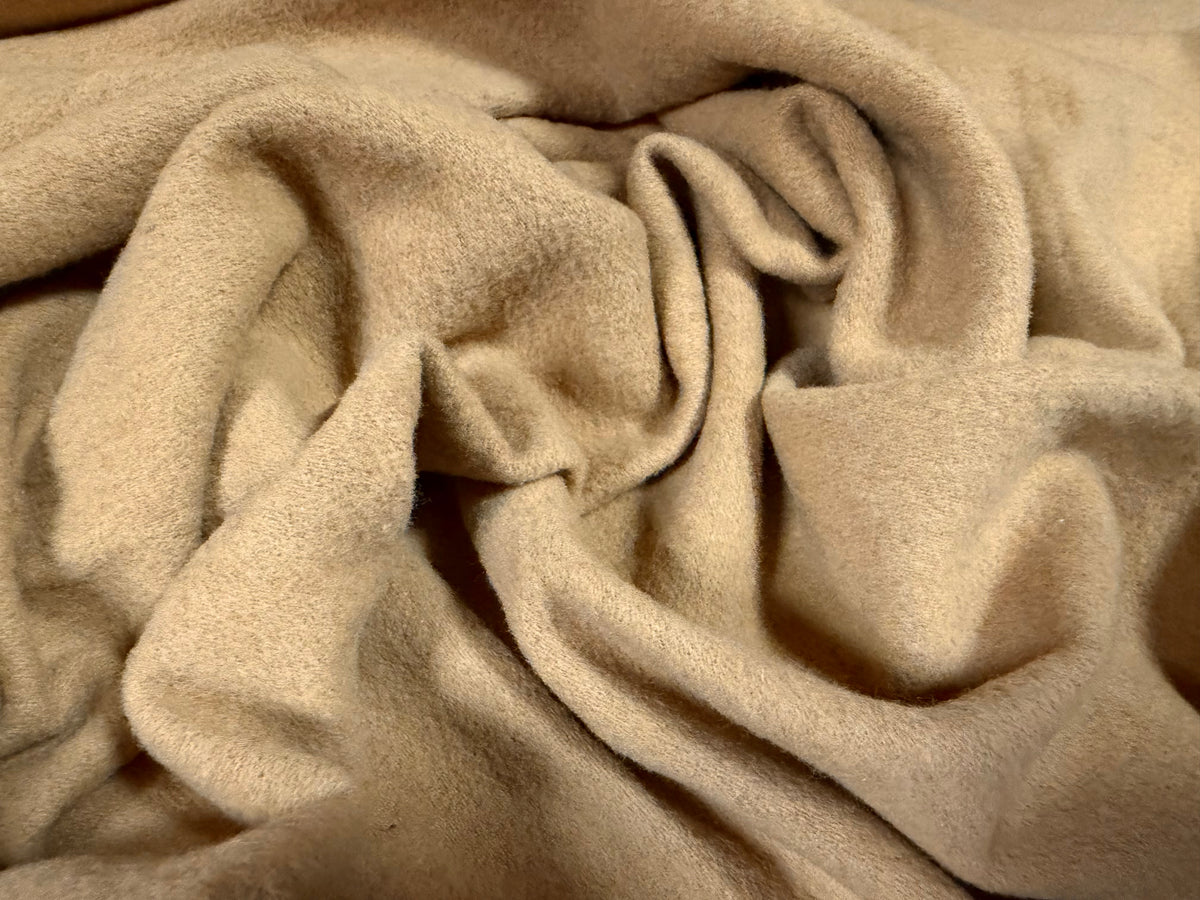 Tasseled wool flannel fabric, per metre - plain - 215 cms panel - camel