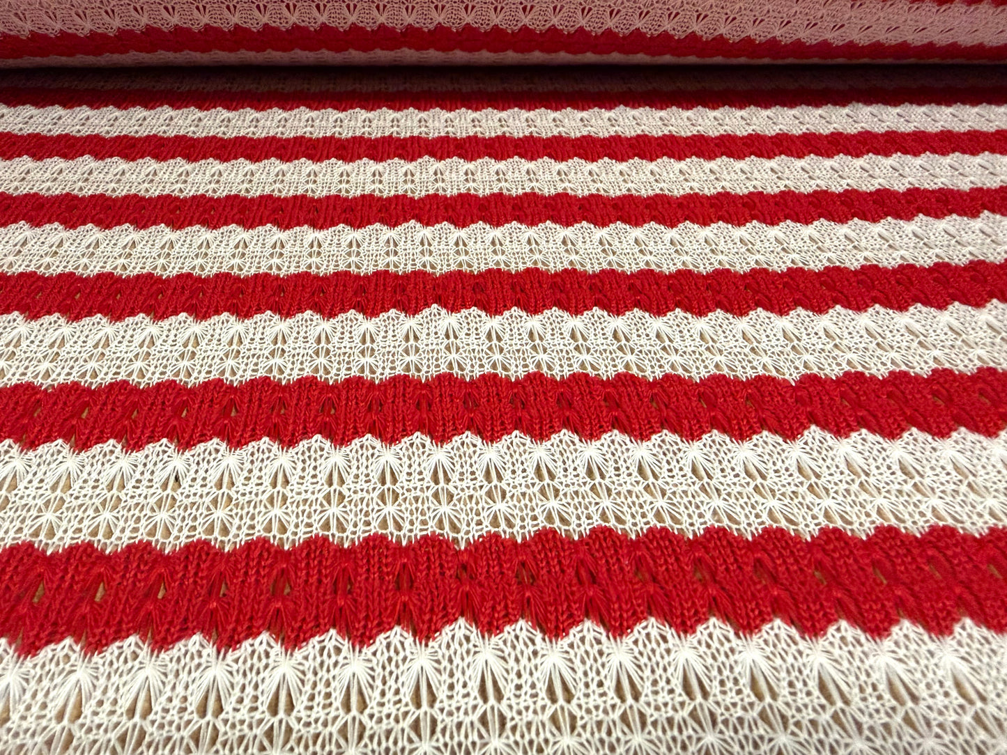 Crochet knit jersey fabric, per metre - stripe - red & white
