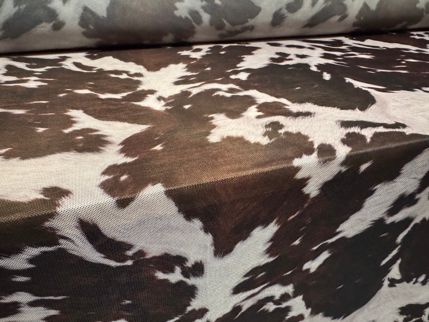 Power mesh net stretch spandex fabric, per metre - cow hide print - brown & pearl