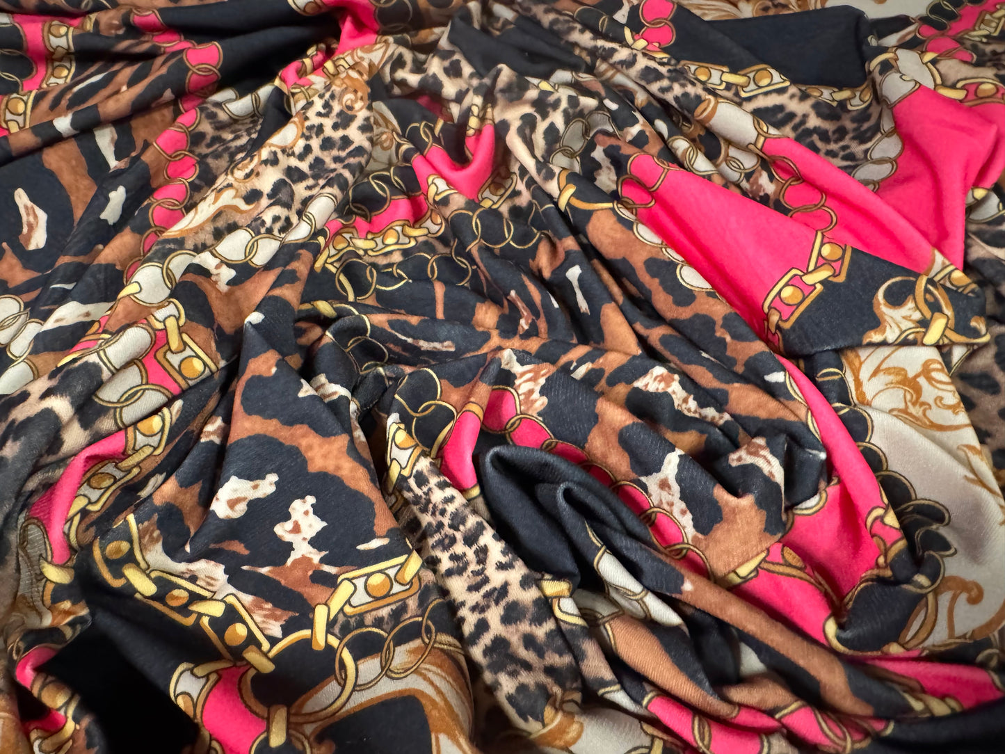 Soft touch stretch spandex single jersey fabric, per metre - leopard and chains print - black gold & pink