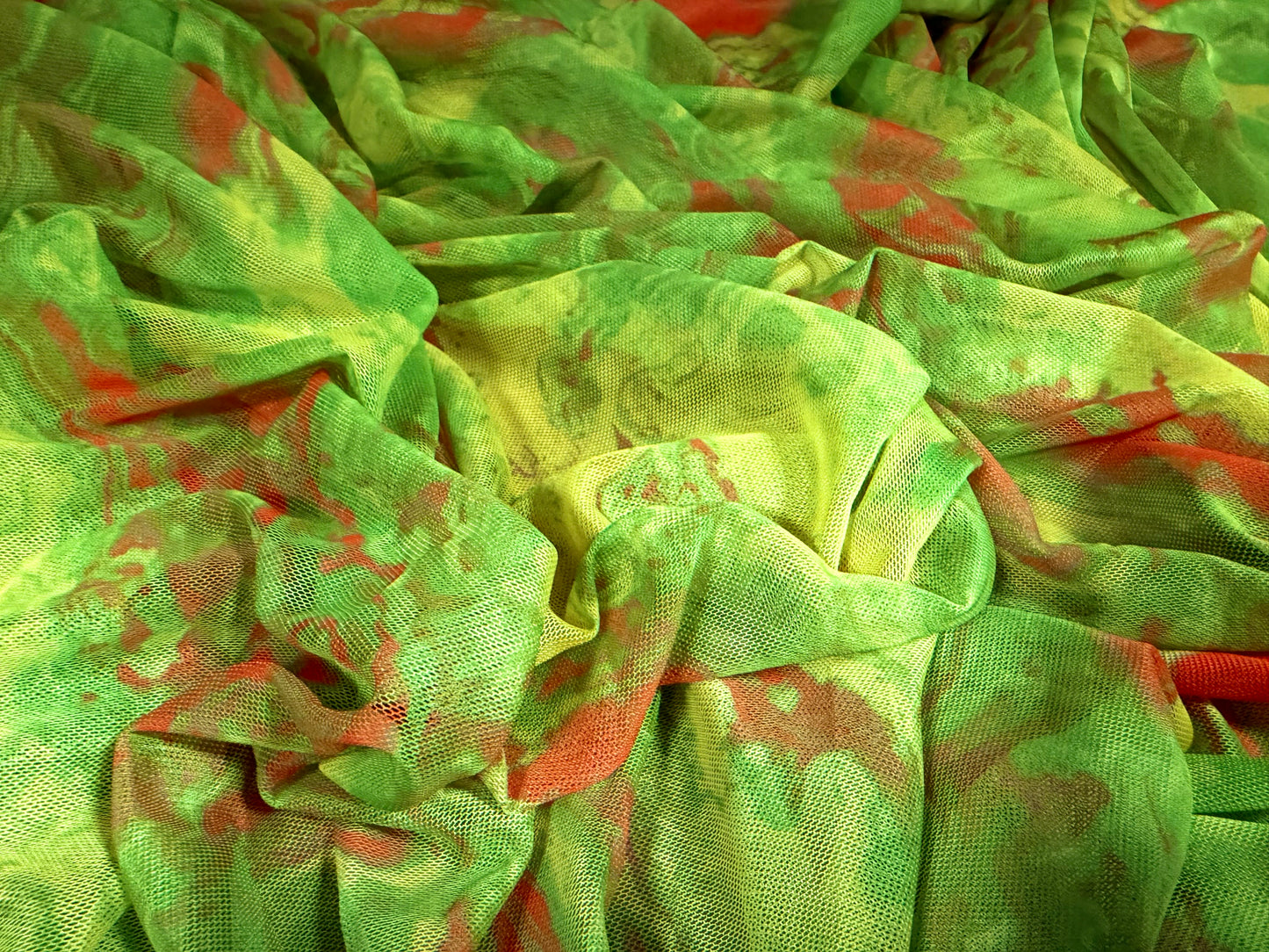 Power mesh net stretch spandex fabric, per metre - abstract print - acid lime & orange