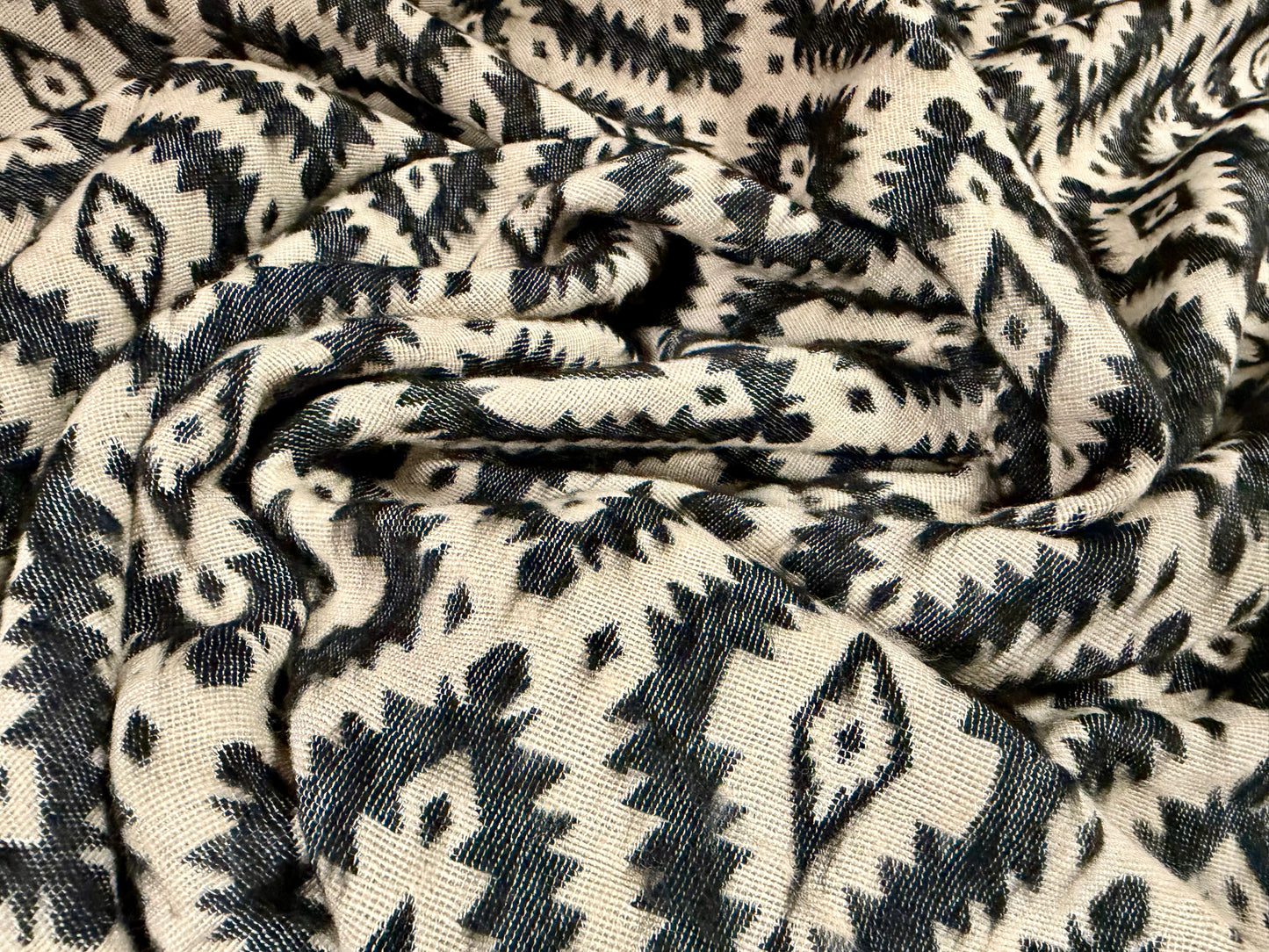 Heavyweight wool coat weight fabric, per metre - Aztec jacquard - charcoal & cream