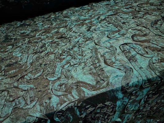 Taffeta faux silk fabric with ribbon appliqué, per metre - floral - kingfisher